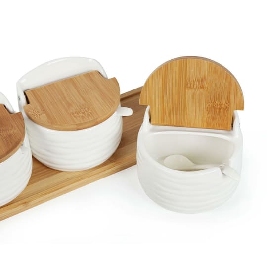 NEX&#x2122; White Ceramic Sugar Bowl Set with Bamboo Lids &#x26; Spoon
